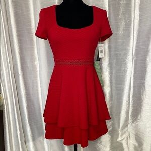 City Triangles NWT Juniors 3 Red Textured Layered Cap Short Sleeve Skater Dress